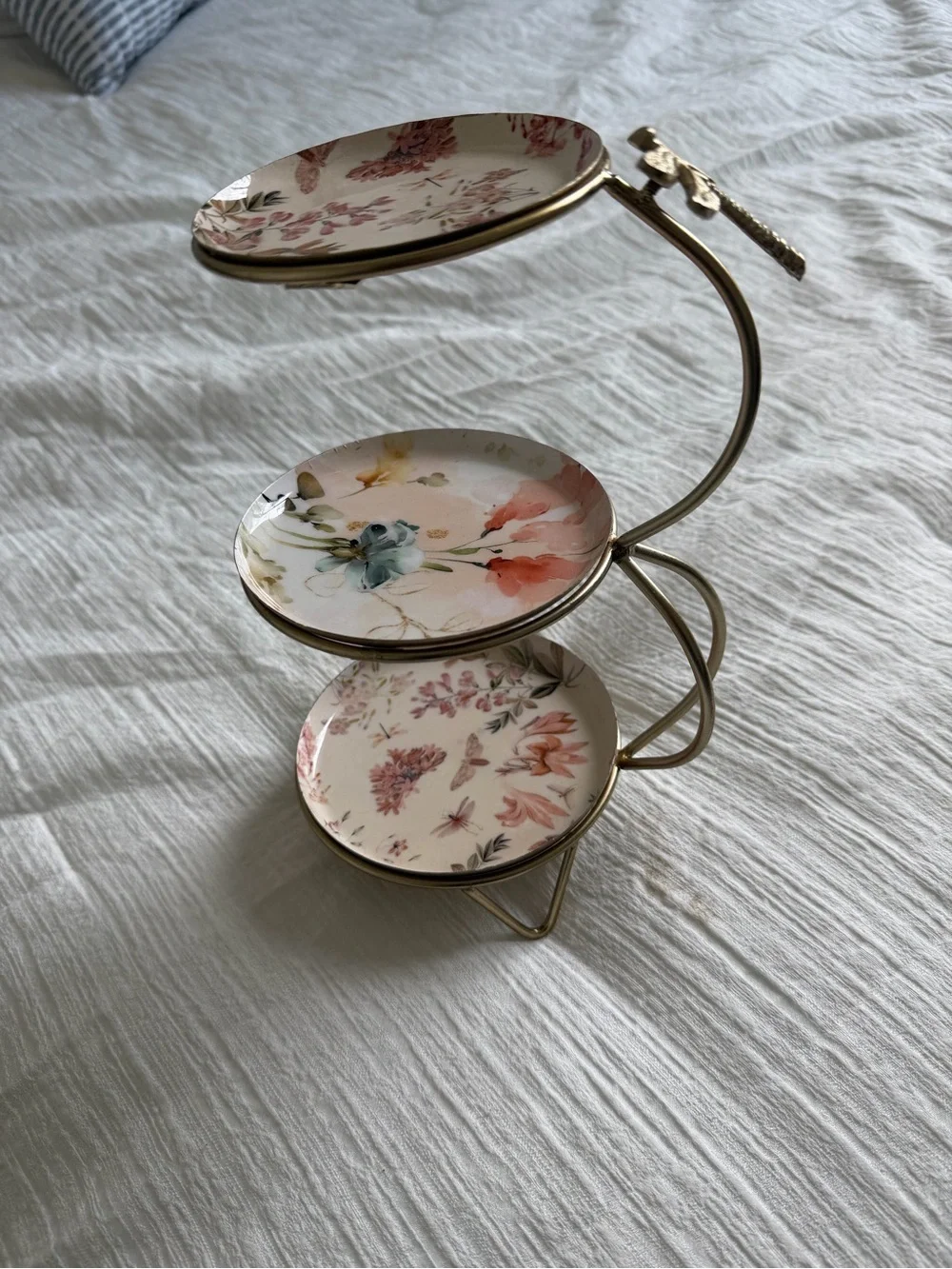 3-Tier Floral Ceramic Jewelry Stand with Gold Dragonfly Handle | Trinket Tray